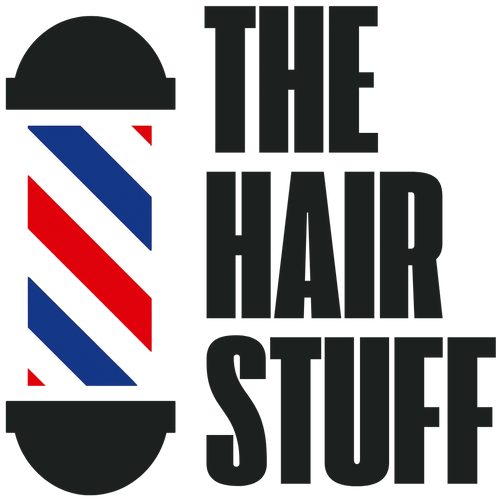 Logo for 'The Hair Stuff' with a stylized barber pole and text on a white background
